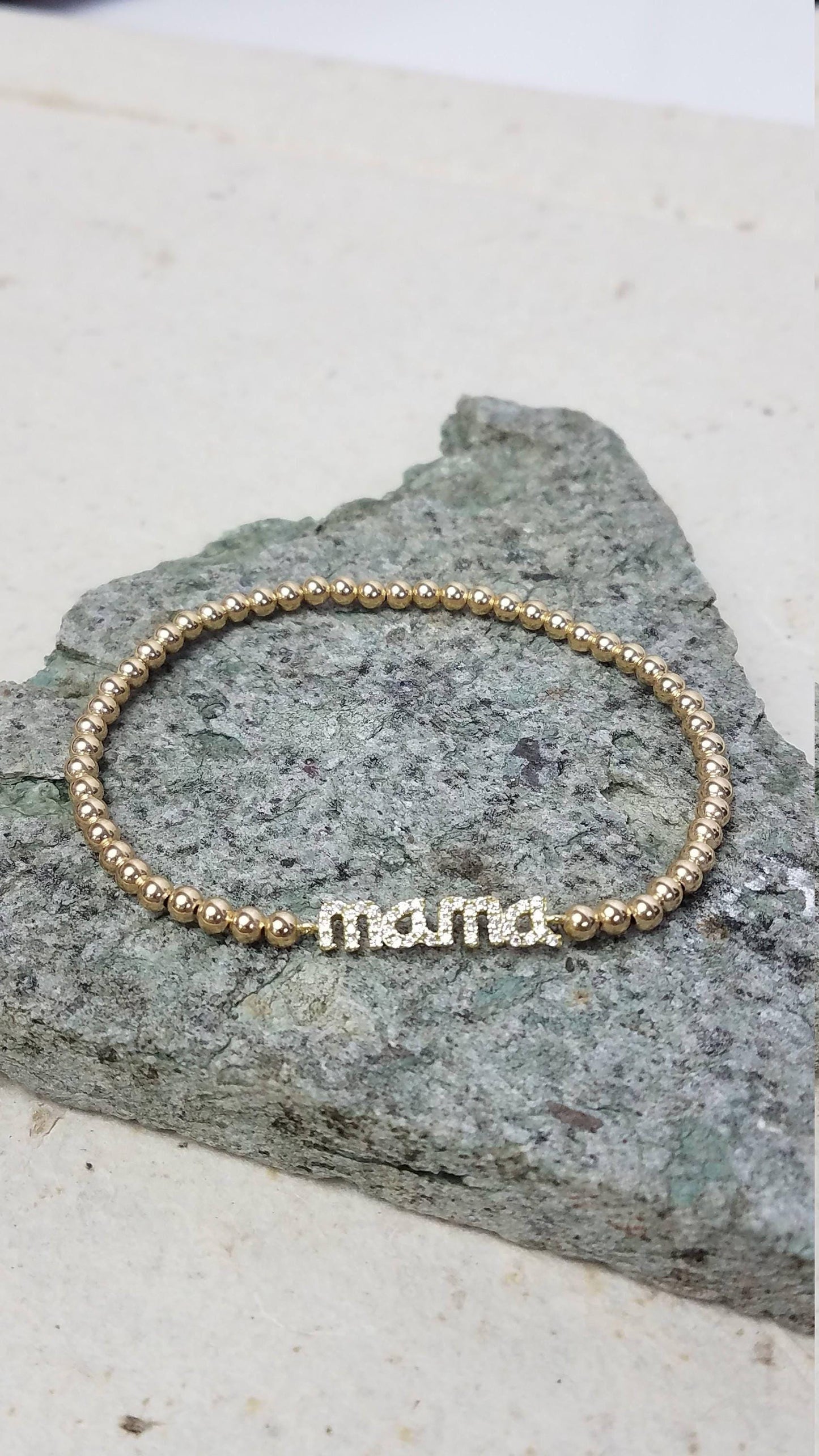 Mama Pendant Bracelet: Delicate Gold Filled Beads (Stretch Size 5.5-6.5")