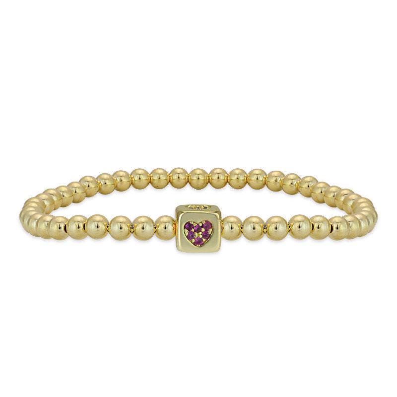 Love Bracelet: 14kt Gold Filled Beads and Heart Cube Pendant - Stretch Fit