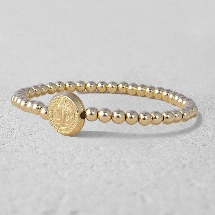 Elegant St Benedict Gold Filled Bracelet - Religious Charm Stretch Wrist Bracelet by Isabella Celini