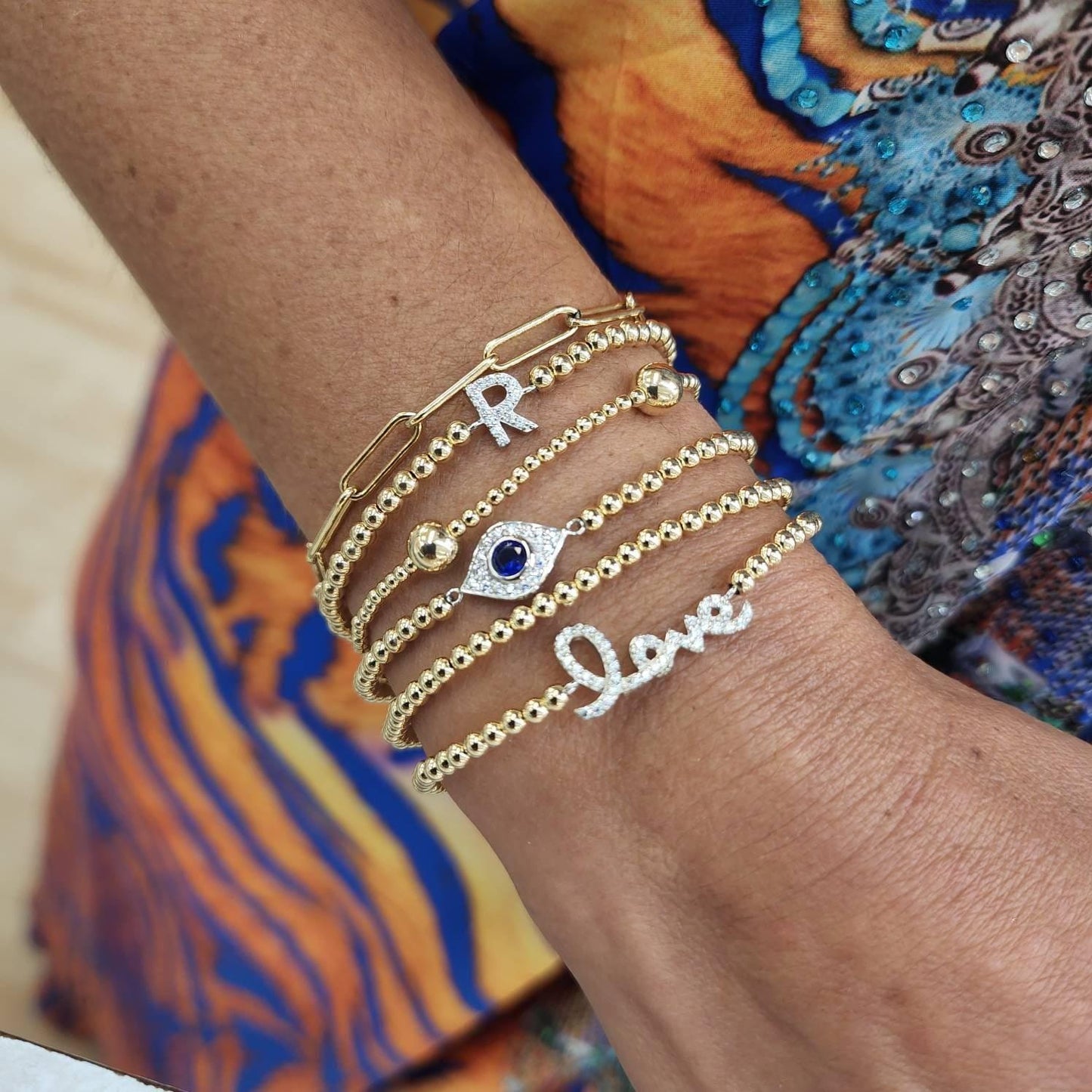 Customized Initial Letter Bracelet, Gold Filled Beaded & Cubic Zirconia Stones Stretch Bracelet for Gift