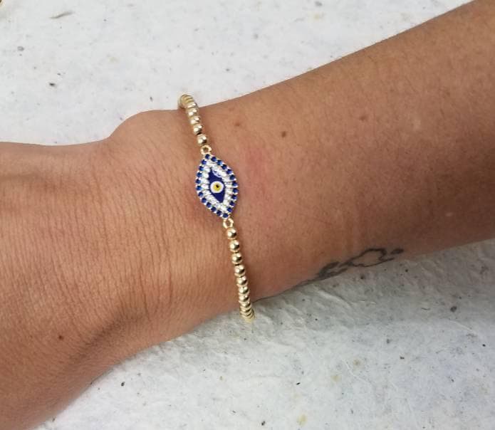 Gold Filled Evil Eye Bracelet with Cubic Zirconia - Enamel Protection Design