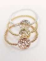 Gold Filled Cursive Love Pendant Cubic Zirconia Bracelet - Stretch Fit Stackable for Her