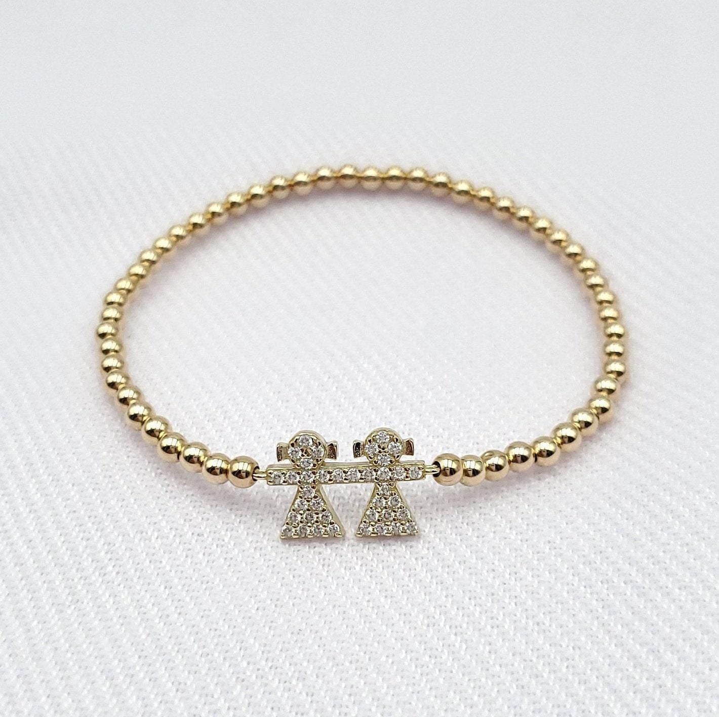Sisters Pendant Gold Filled Beaded Bracelet with CZ Accents - Stretch Fit and Stackable - Handmade Jewelry