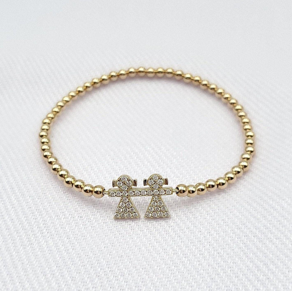 Sisters Pendant Gold Filled Beaded Bracelet with CZ Accents - Stretch Fit and Stackable - Handmade Jewelry