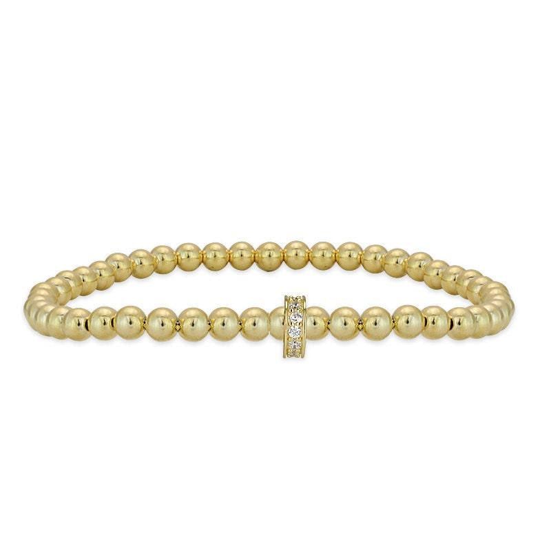 Gold Filled Beaded Bracelet with CZ Roundel, Stretch Stacking Bracelet