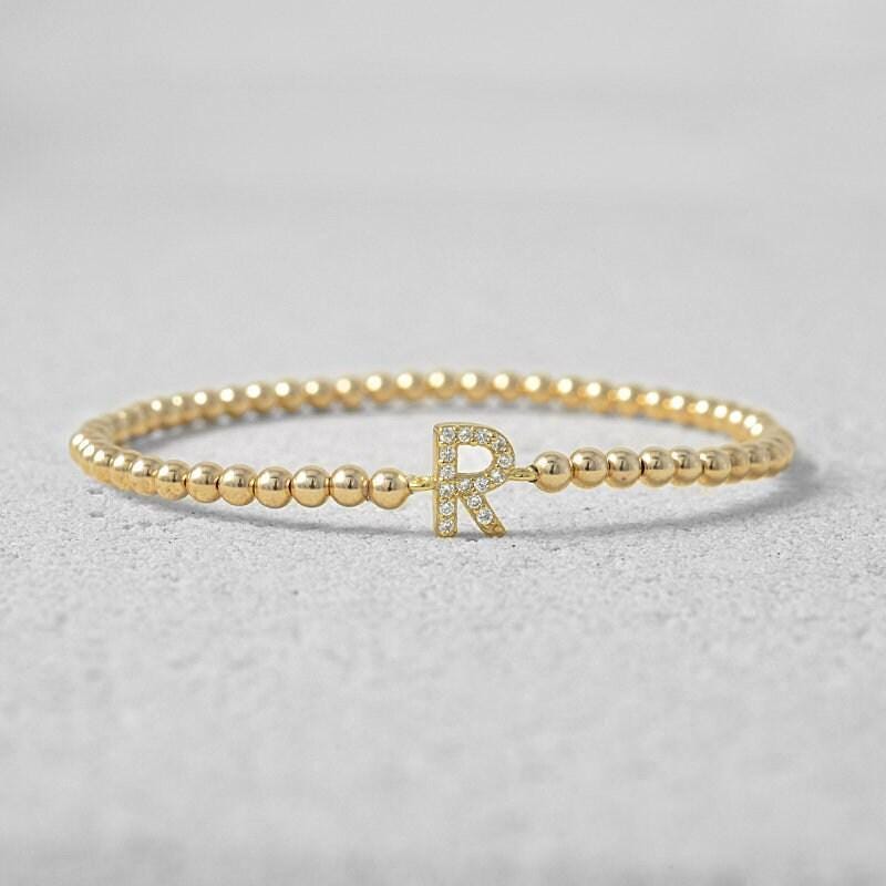Customized Initial Letter Bracelet, Gold Filled Beaded & Cubic Zirconia Stones Stretch Bracelet for Gift