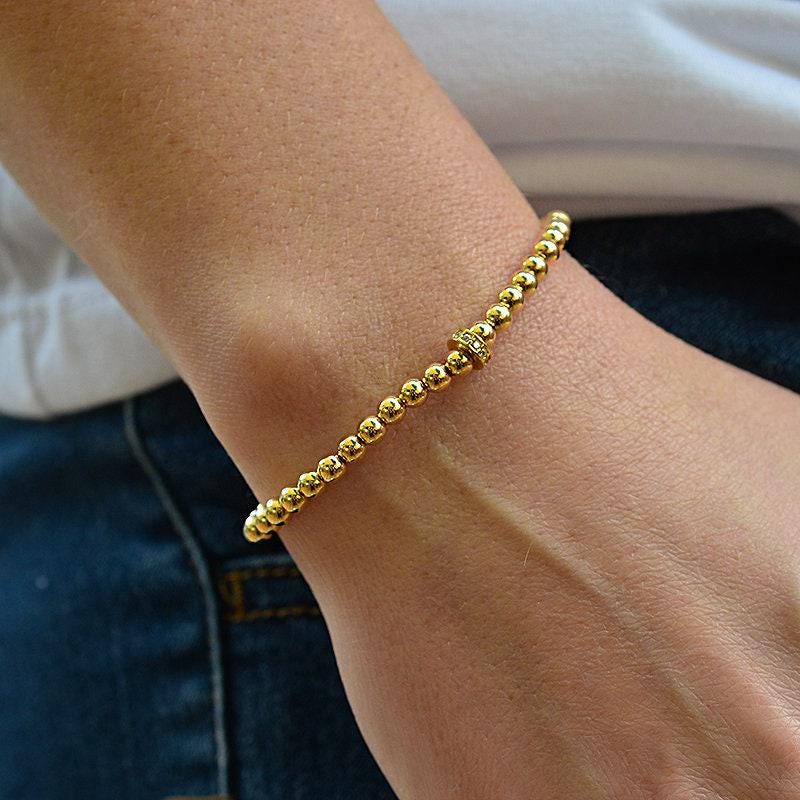 Gold Filled Beaded Bracelet with CZ Roundel, Stretch Stacking Bracelet