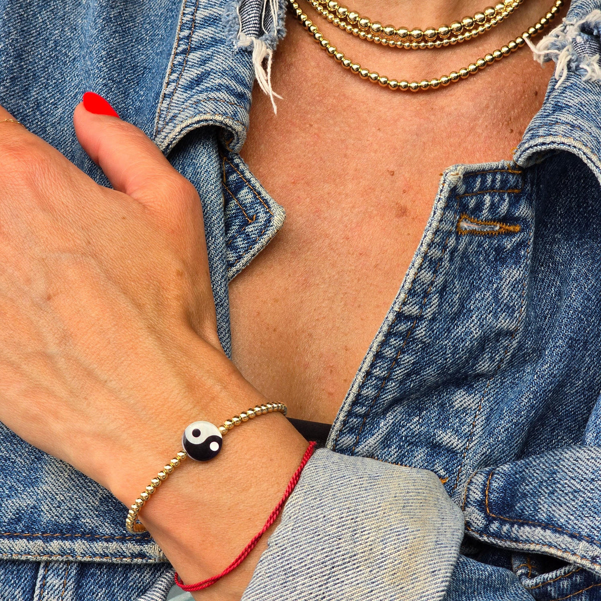 Ying Yang Gold Filled Bracelet, Isabella Celini, Gold Filled Beaded, Stretch Stacking Bracelet