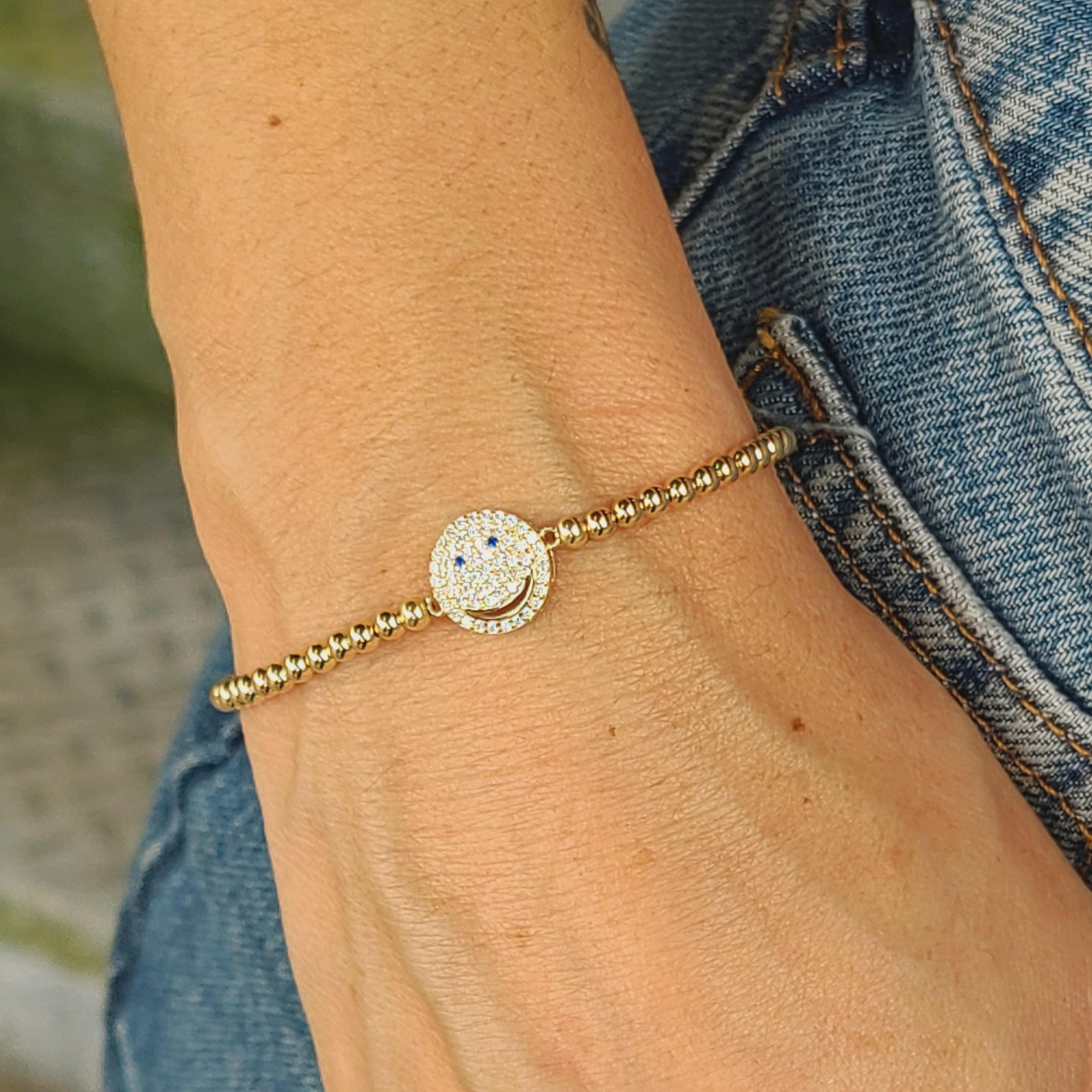 Gold Filled CZ Smiley Face Beaded Stacking Bracelet for Women - Stretch Stacking Bracelet