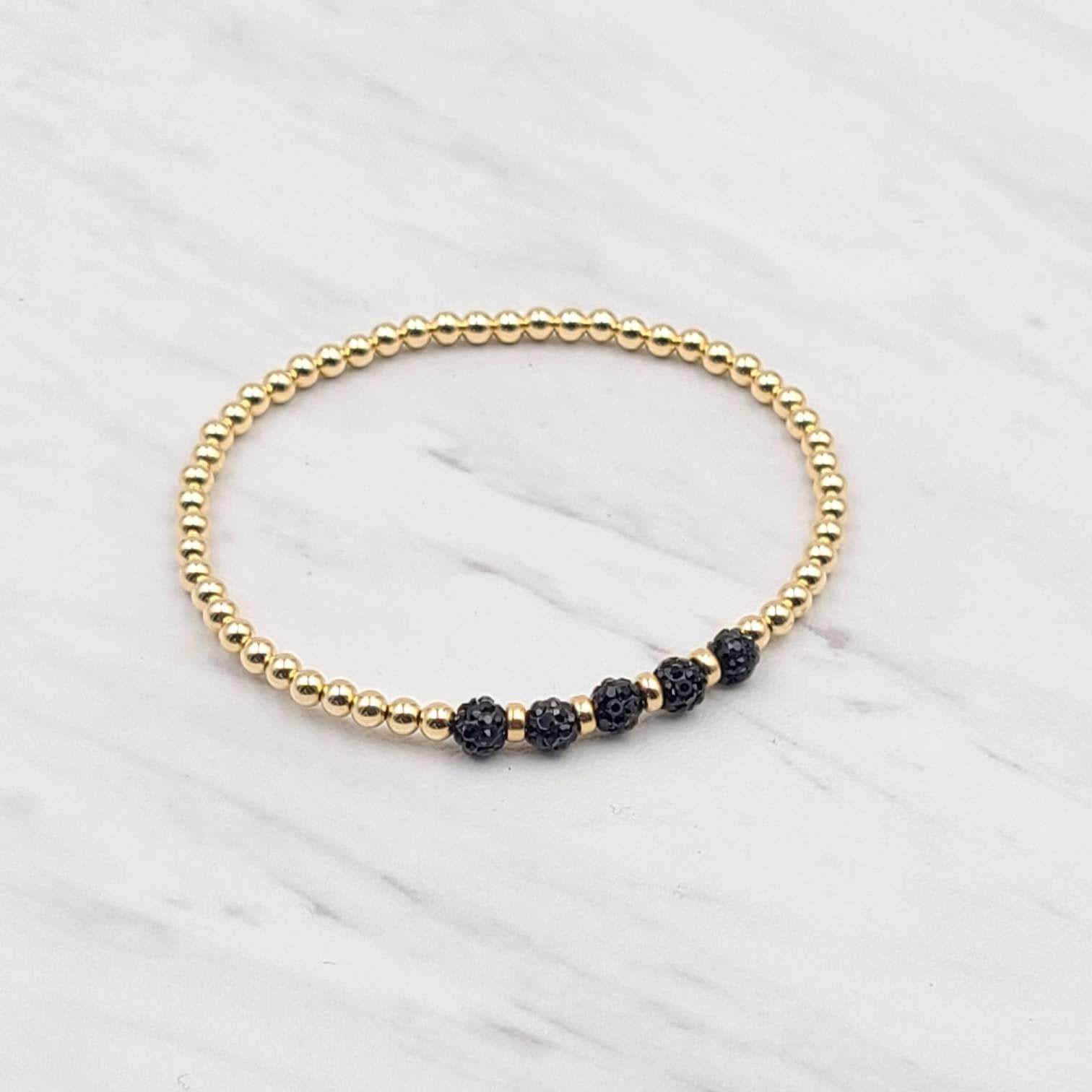 Gold Filled Beaded Bracelet with Bohemian Style and Cubic Zirconia Pave Ball - Stretch Design
