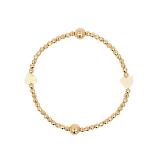 14kt gold filled jewelry, gold filled bracelet, beaded bracelet, tarnish free jewelry, tarnish free bracelet, stackable bracelet, stretch bracelet, heart pendant, mother of pearl heart