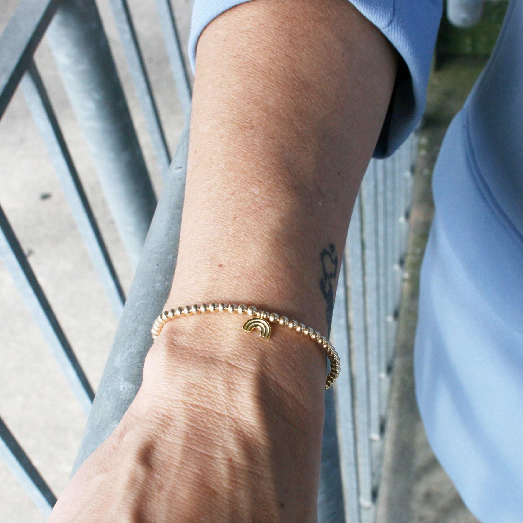 Rainbow Charm Gold Filled Stacking Bracelet - Non Tarnish Stretch Beaded Design