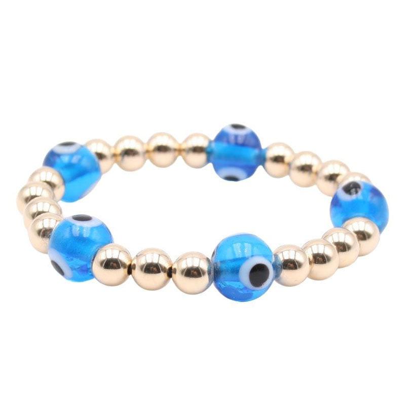 14kt Gold Filled Beaded Evil Eye Bracelet - Non-Tarnish Stretch Bracelet for Good Luck