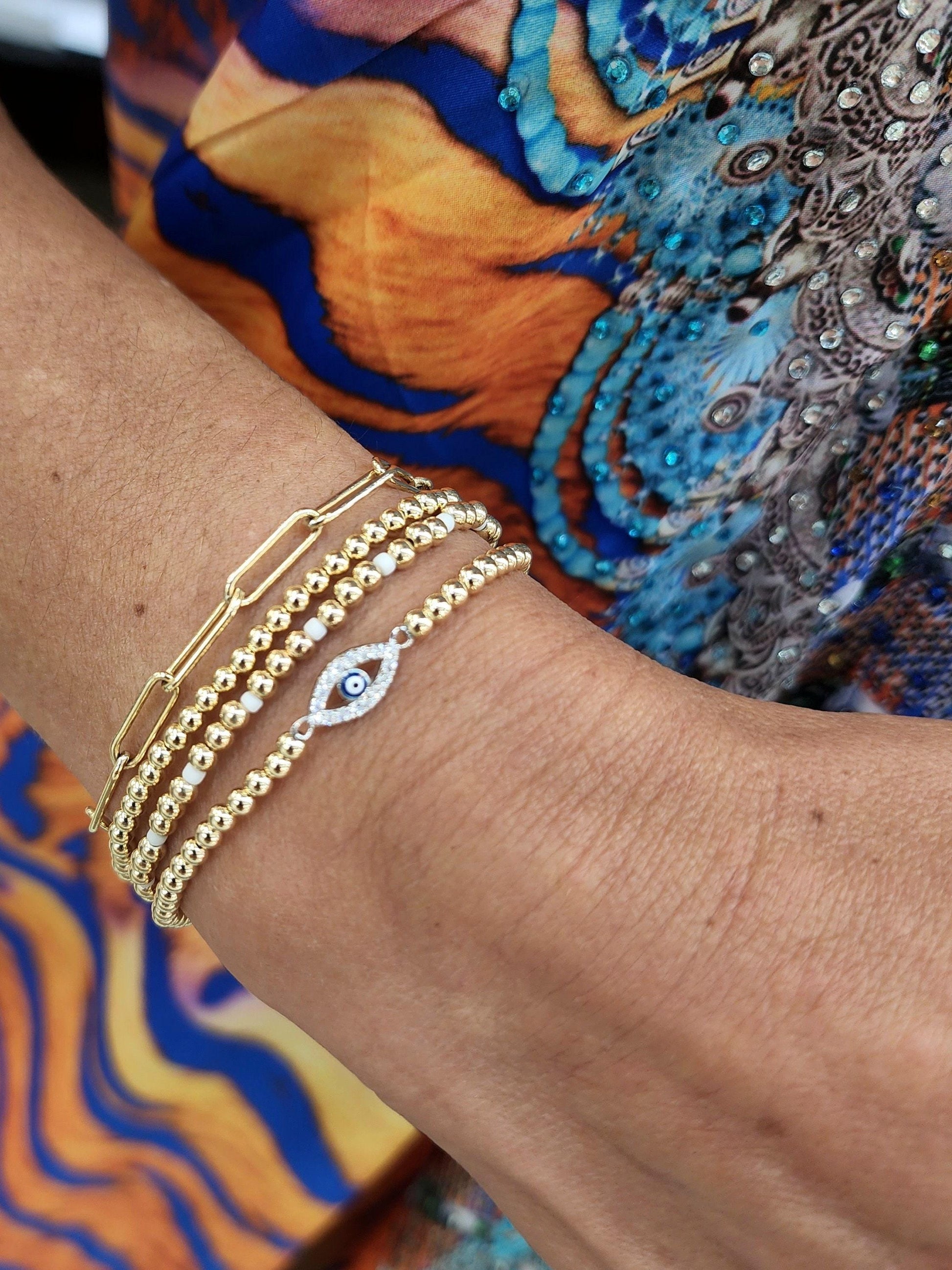 Evil Eye Bracelet: Stackable Gold-Filled Beads with Sterling Silver, CZ Pendant
