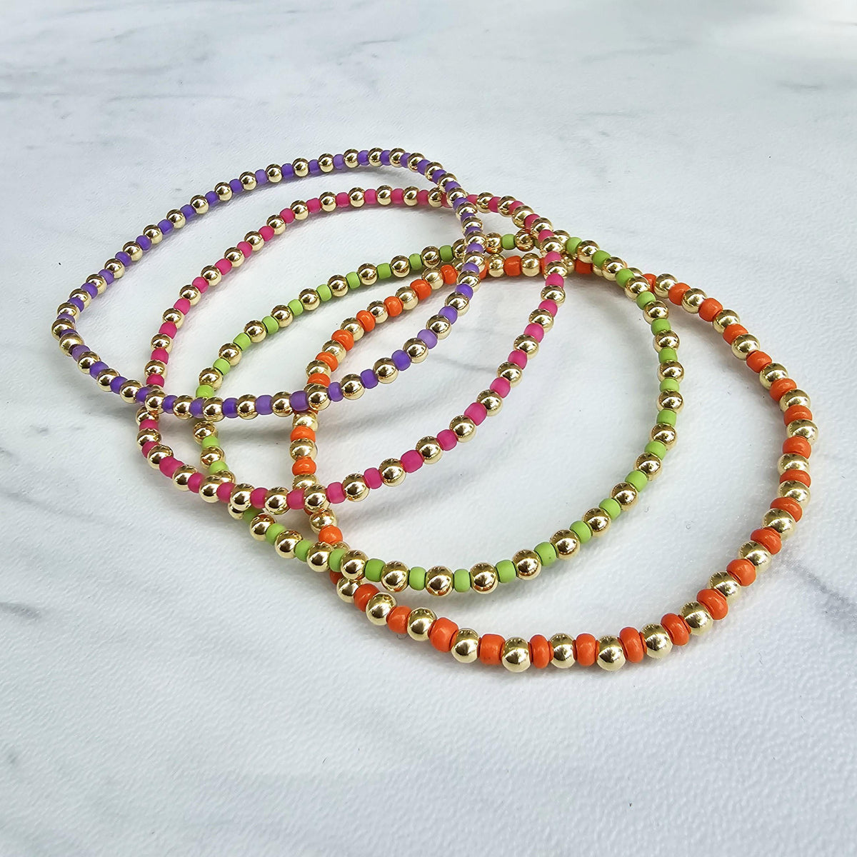 Boho Gold Filled Bracelet, Colorful Beads (Stretch, Non Tarnish)