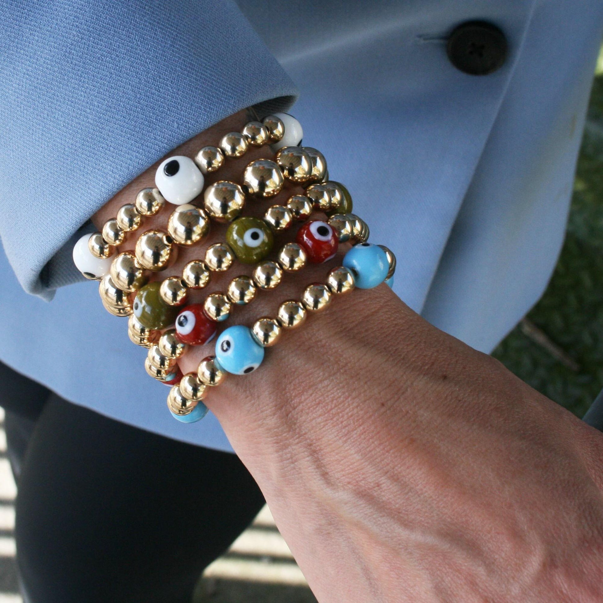 14kt Gold Filled Beaded Evil Eye Bracelet - Non-Tarnish Stretch Bracelet for Good Luck