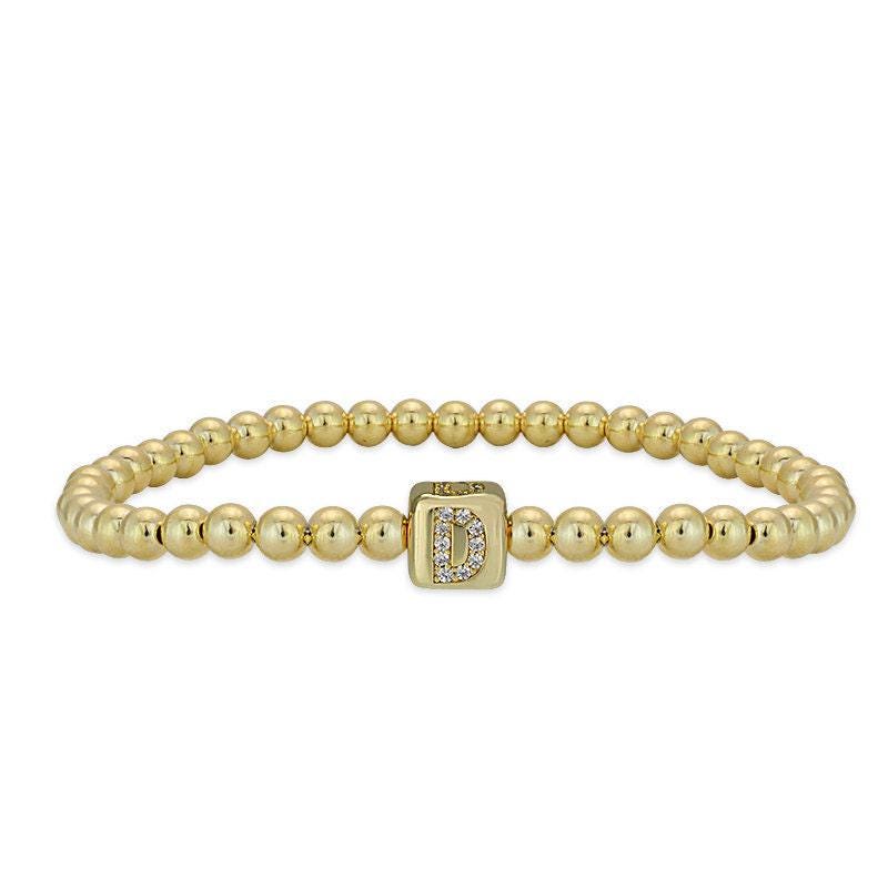 Personalized Gold Filled Beaded Cube Initial Bracelet - Stretch Stacking Bracelet for Women - Perfect Gift
