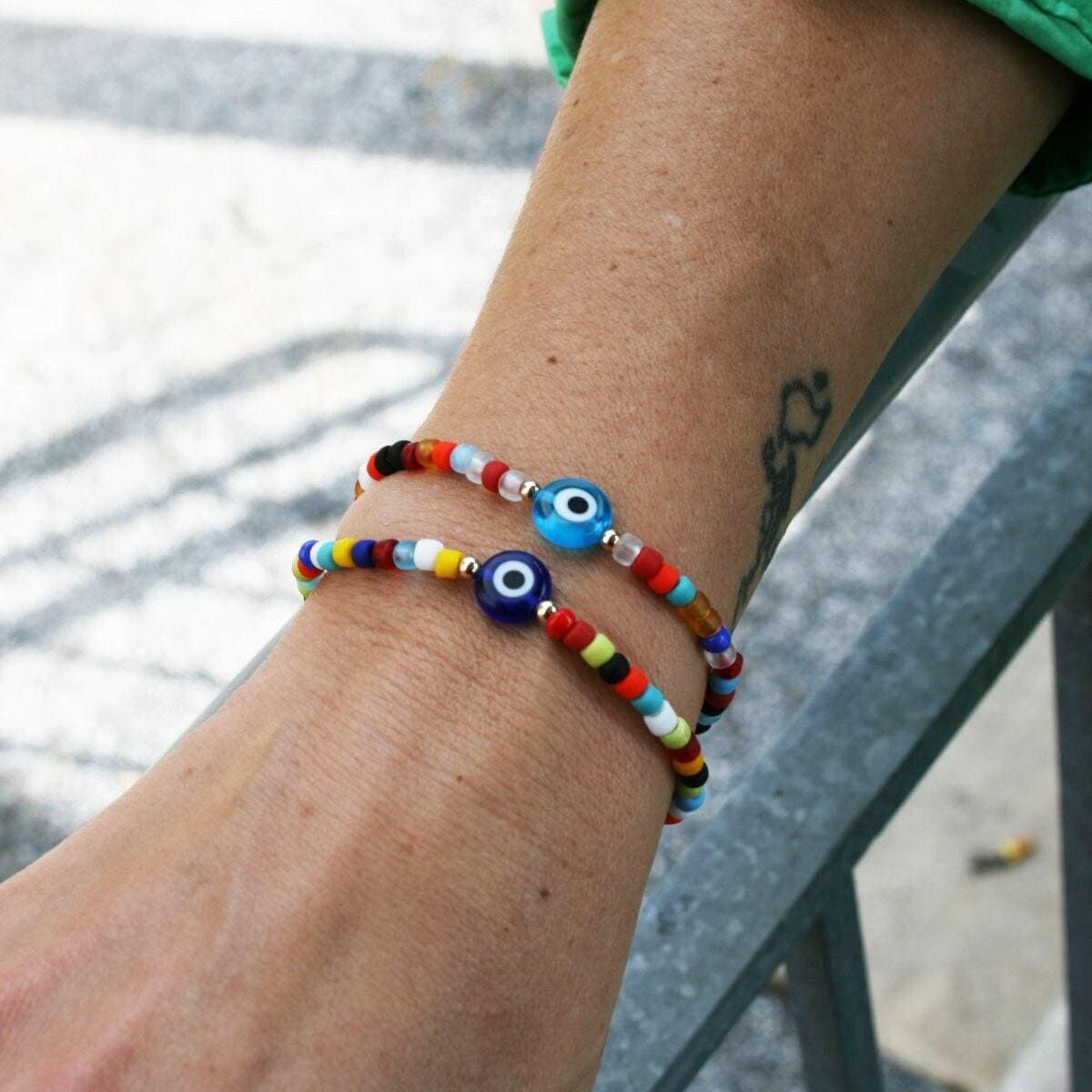 Good Luck Evil Eye Bracelet Multicolor Seed Beads Gold Filled Stretch Bracelet