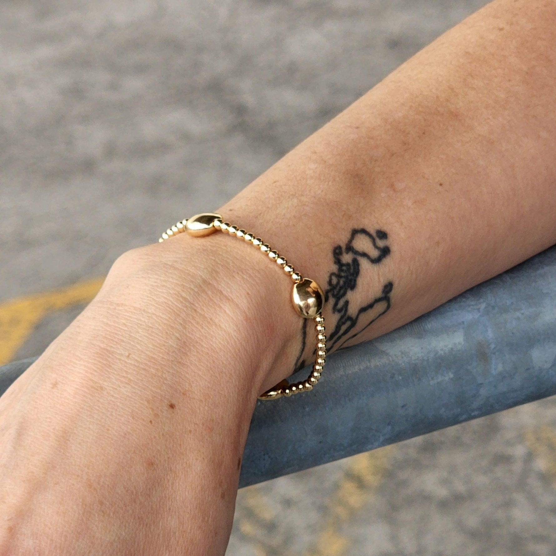Gold Filled 3mm Stackable Beads Bracelet with 10mm Lentil Beads - Boho Hippie Style Flat Bead Tarnish Free Stretch Layering Bracelet