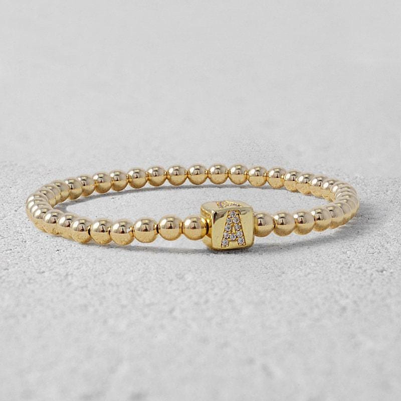 Personalized Gold Filled Beaded Cube Initial Bracelet - Stretch Stacking Bracelet for Women - Perfect Gift