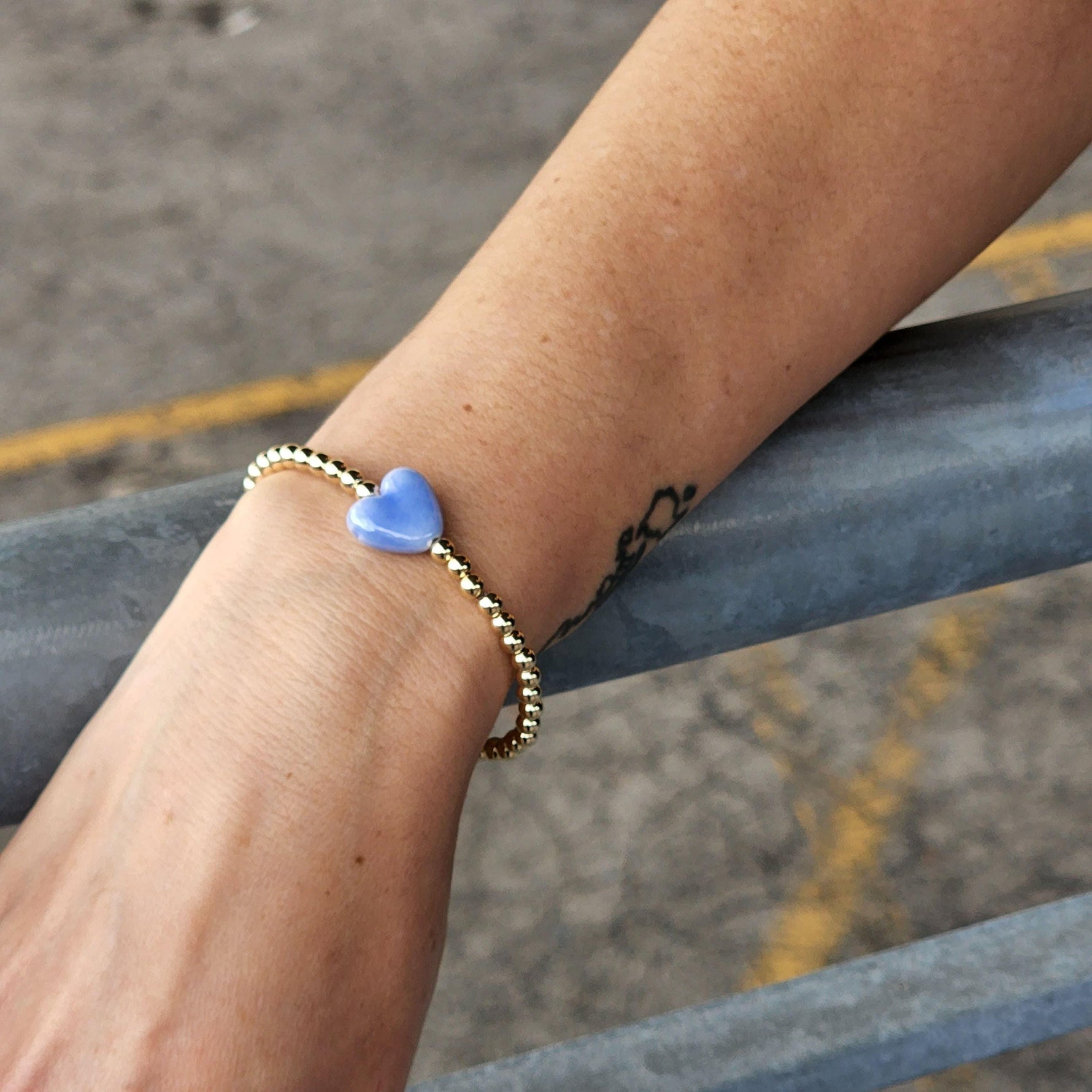 Heart Pendant Stackable Love Bracelet - Gold Filled Beaded Stretch Bracelet Gift for Her