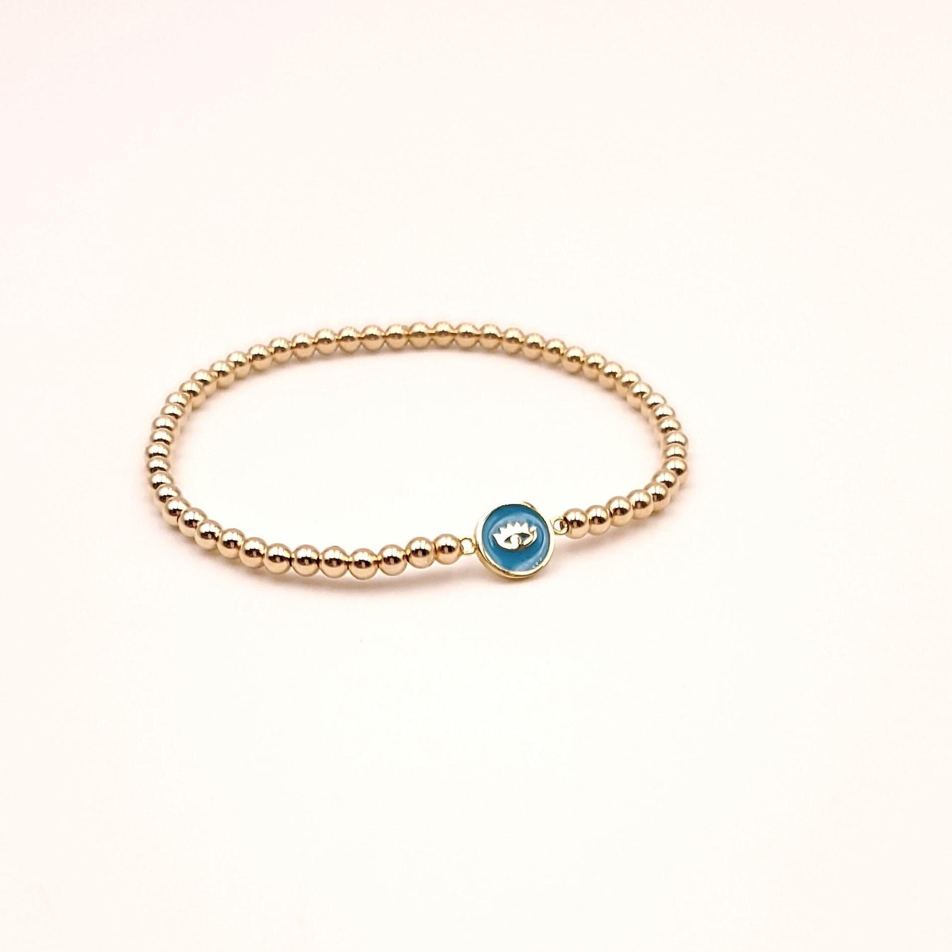 Gold Filled Beaded Bracelet, Evil Eye Charm, Protection Jewelry