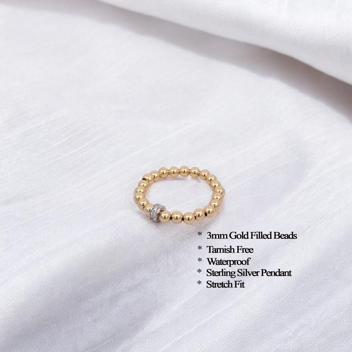 14kt Gold Filled Stacking Ring - CZ Roundel Pendant - Tarnish-Free Woman's Jewelry with 3mm Gold Filled Beads - Stretch for Perfect Fit
