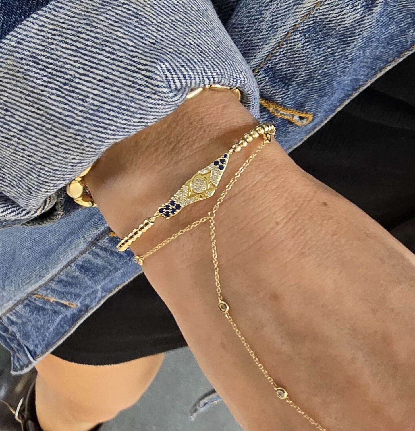 Gold Filled Beaded Israel Map  Star of David Bracelet - Jewish Beaded Stackable Stretch Pendant