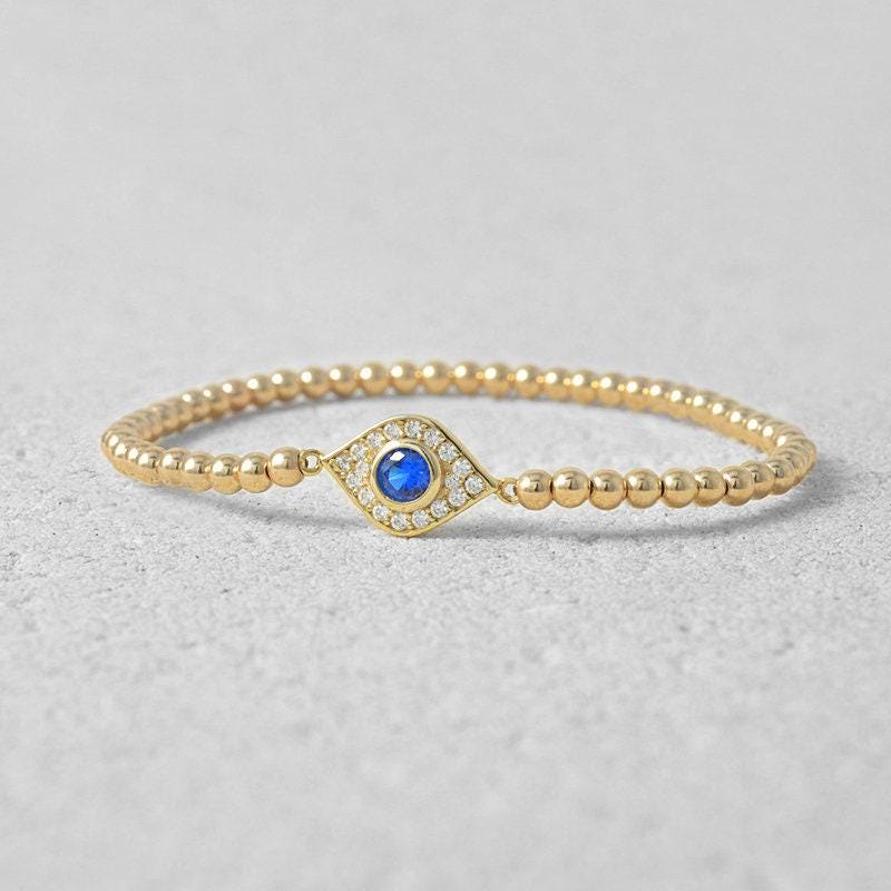 Gold Evil Eye Protection Bracelet - Stretchy Good Luck Stacking Bracelet for Women