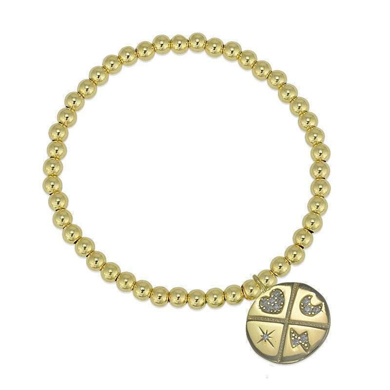 Gold Filled Good Luck Charm Bracelet with Cubic Zirconia - Womens Beaded Charm Bracelet