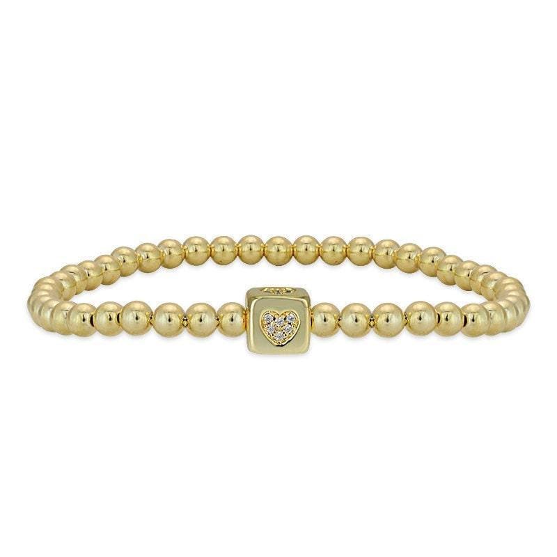 Gold Filled Love Bracelet - Cube Heart Pendant Bead Stretch Bracelet by Isabella Celini