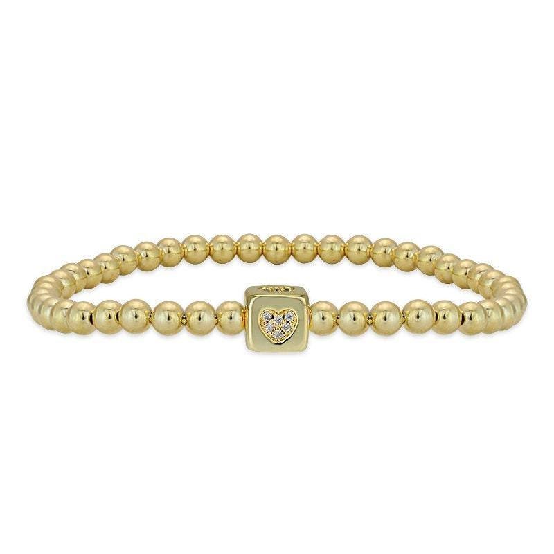 Love Bracelet: 14kt Gold Filled Beads and Heart Cube Pendant - Stretch Fit