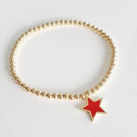 Gold Filled Celestial Charm Bracelet - Enamel Star Stretch Beaded Jewelry by Isabella Celini