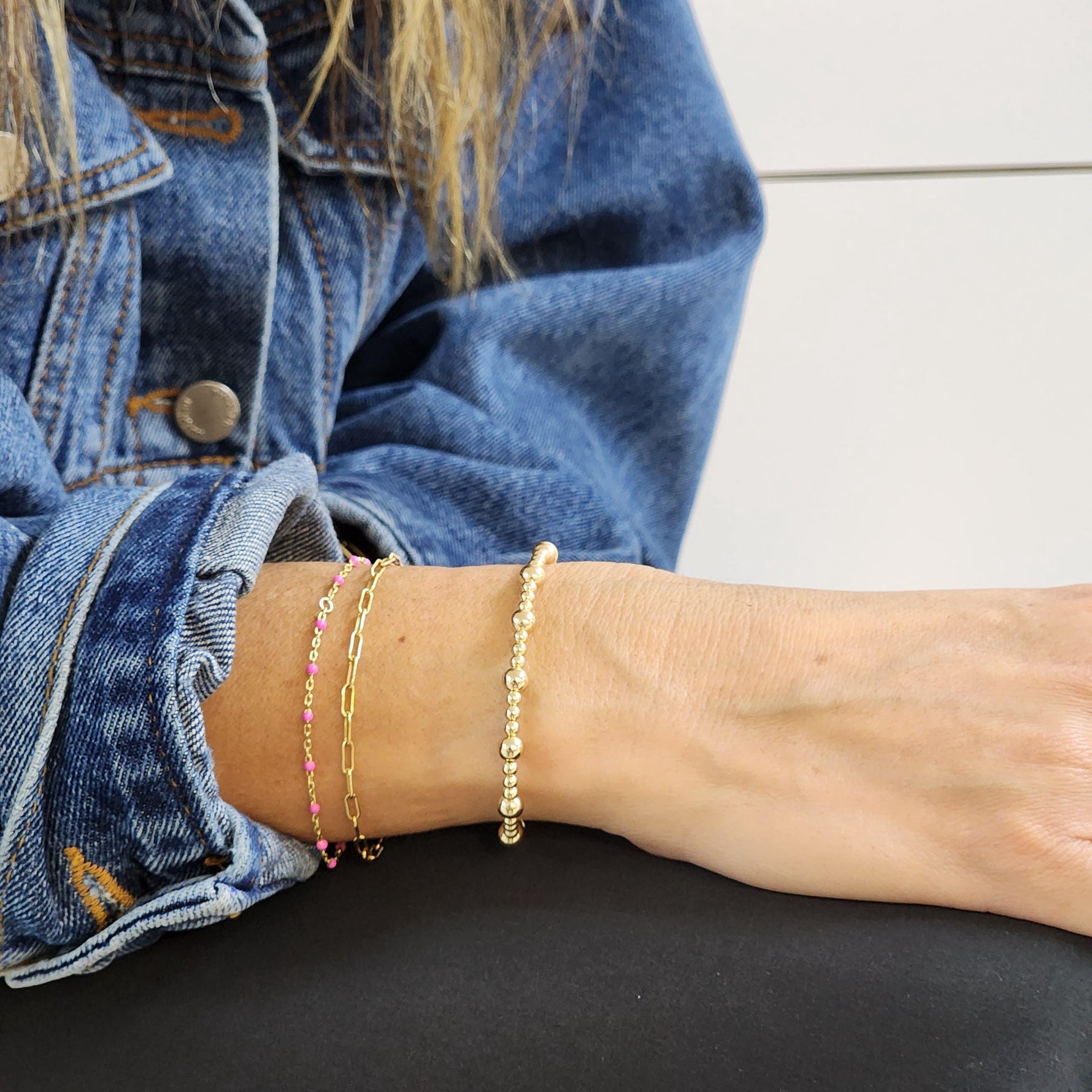 14kt Gold Filled Stretch Bracelet with Beaded Design for Women - 3 mm and 5 mm - Tarnish Resistant Waterproof