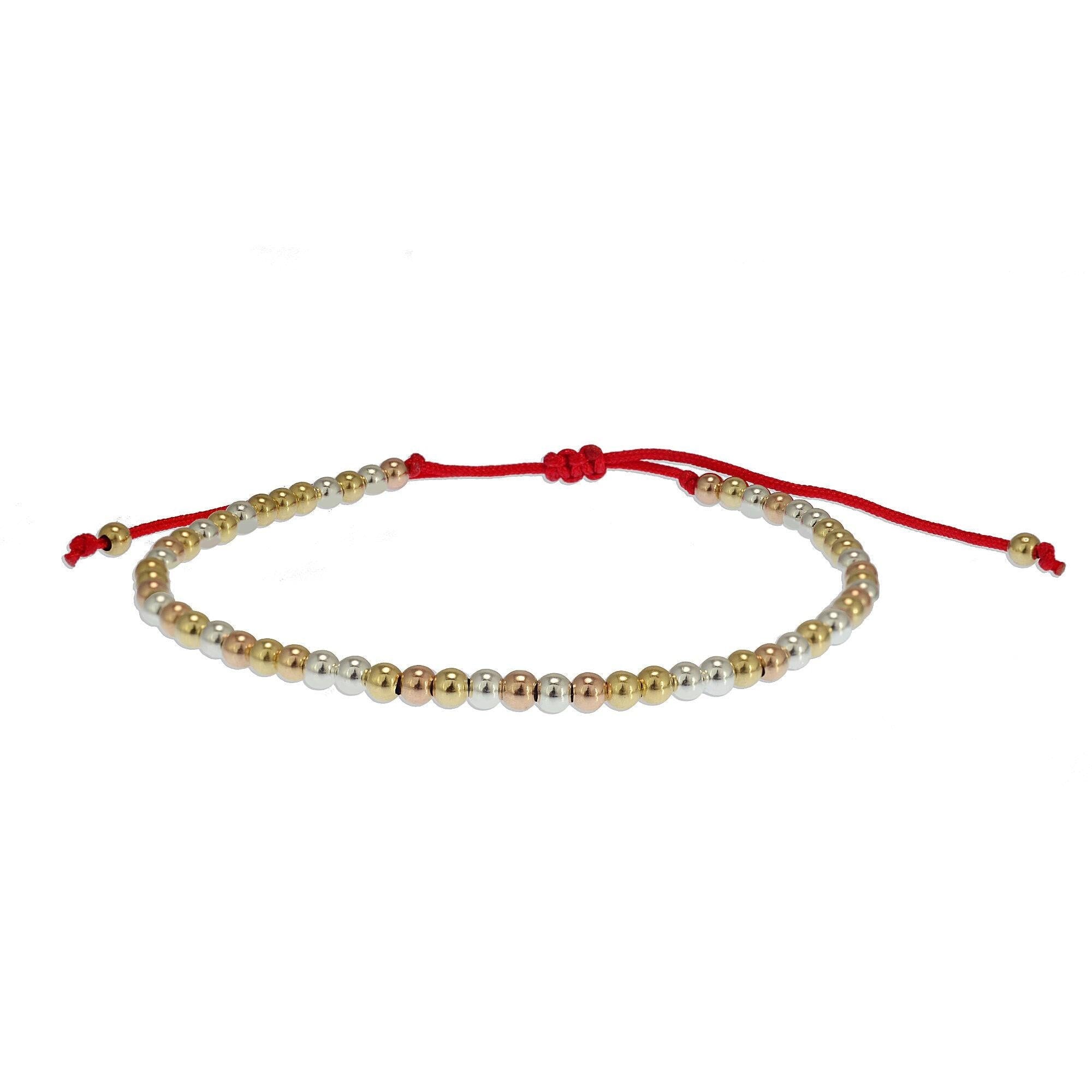 Gold Filled Beaded Bracelet - Tri Color, Red Cord