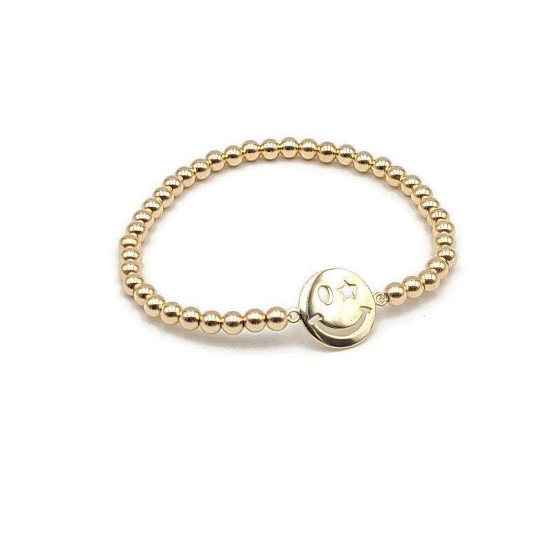 Boho Gold Filled Bracelet, Smiley Face Charm (Stretch, Stackable)