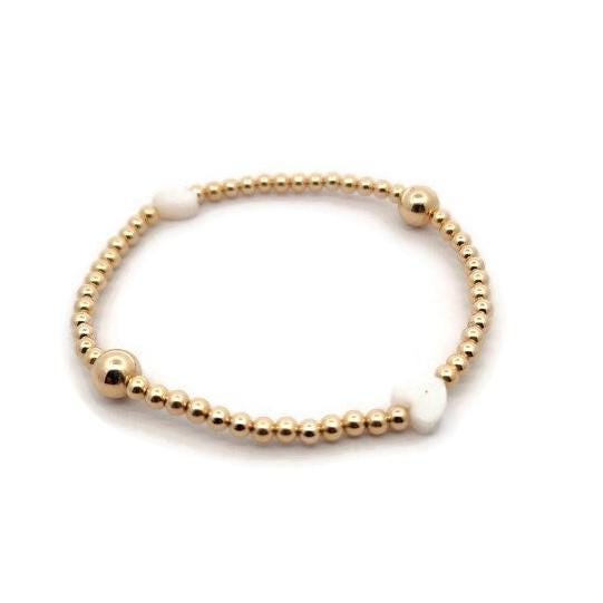 14kt Gold Filled Stretch Mother of Pearl Heart Bracelet - Tarnish Free Layering Bracelet for Ladies