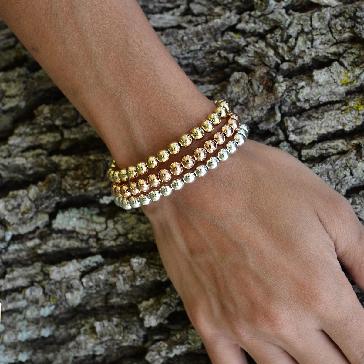 14kt Gold Filled 6mm Beaded Stacking Bracelet for Women - Stretch Fit Tarnish-Free Waterproof