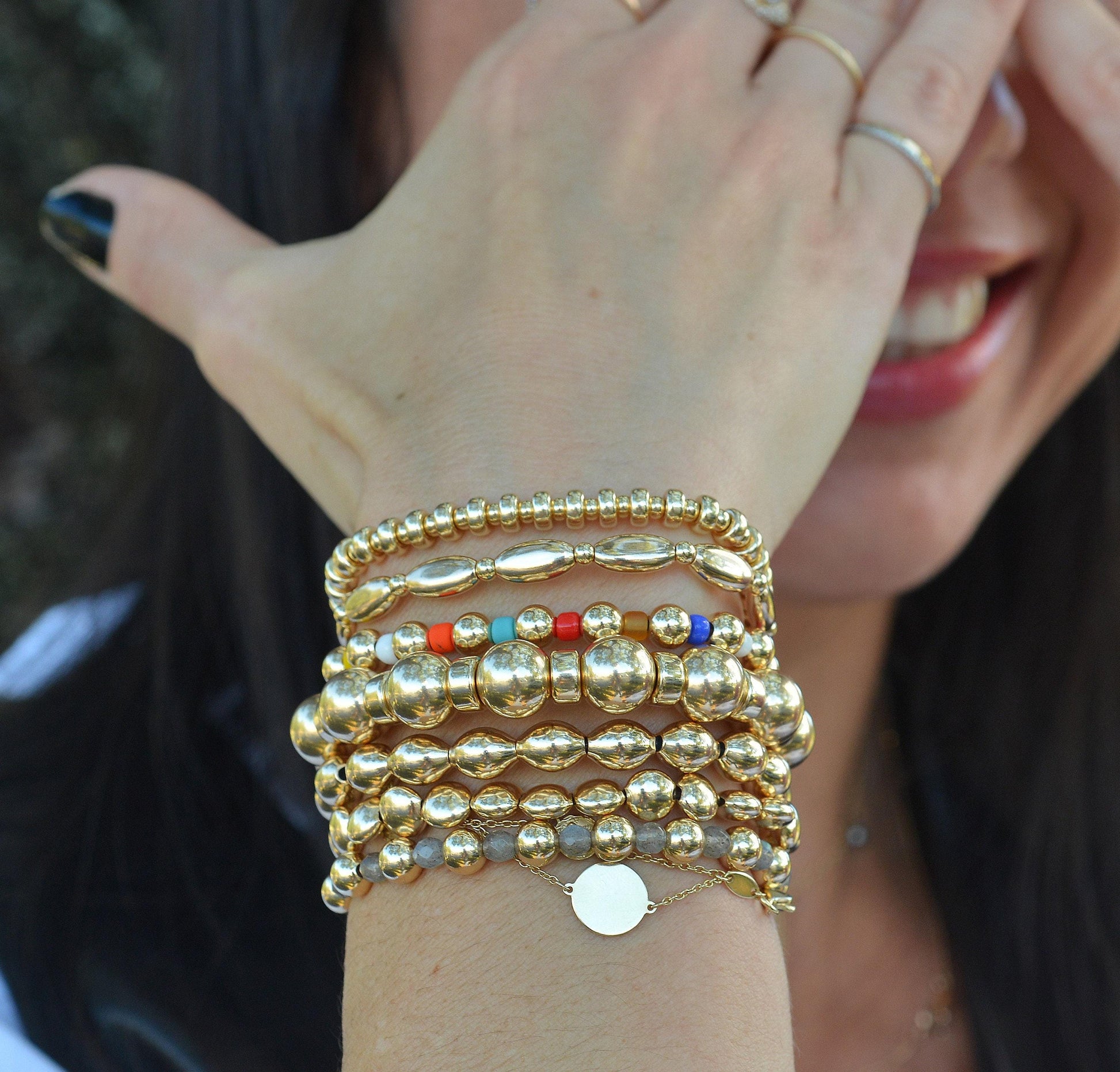 Gold Filled Large Oval Beaded Bracelet - Boho Hippie Style Stackable Layering for Women Tarnish-Free
