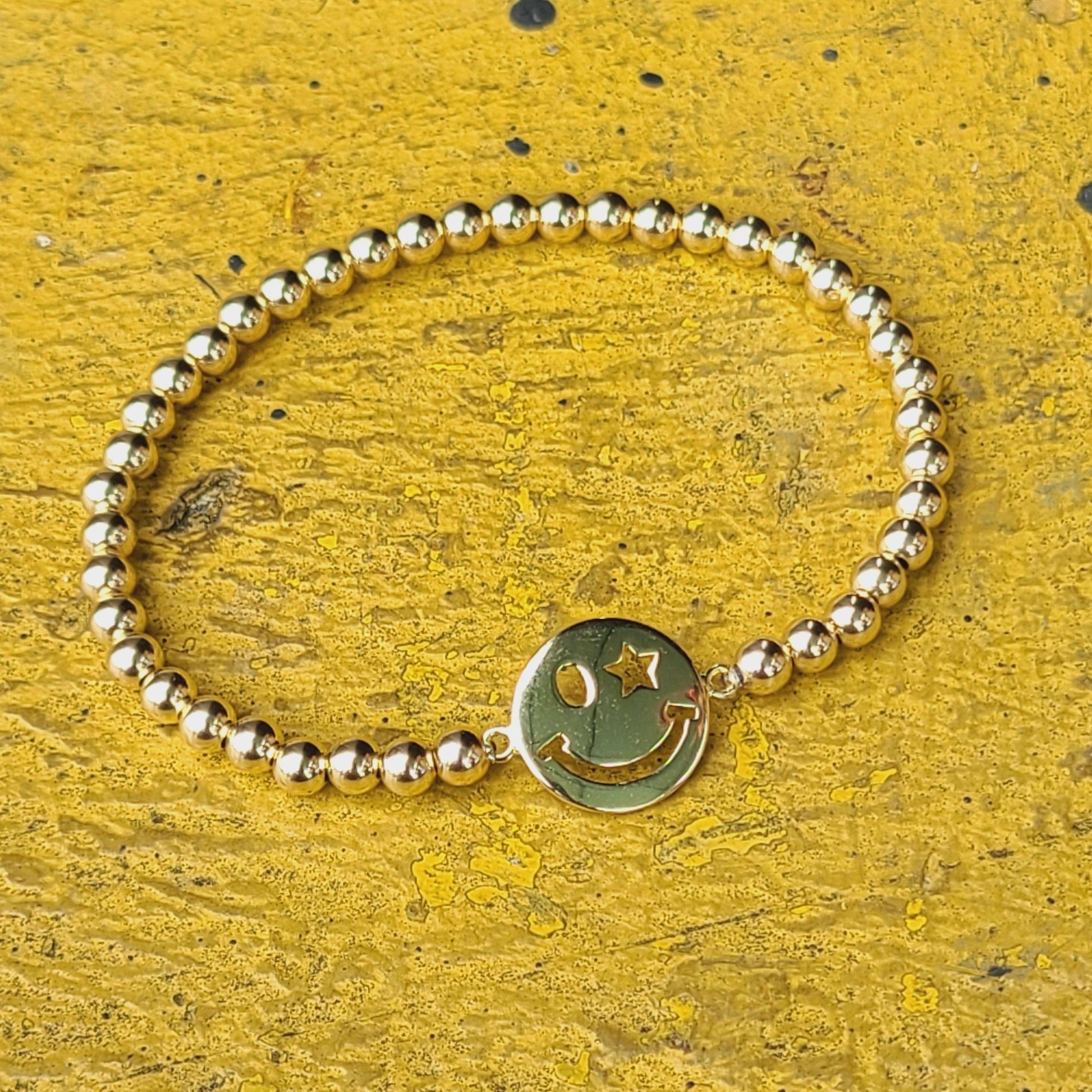 Boho Gold Filled Bracelet, Smiley Face Charm (Stretch, Stackable)
