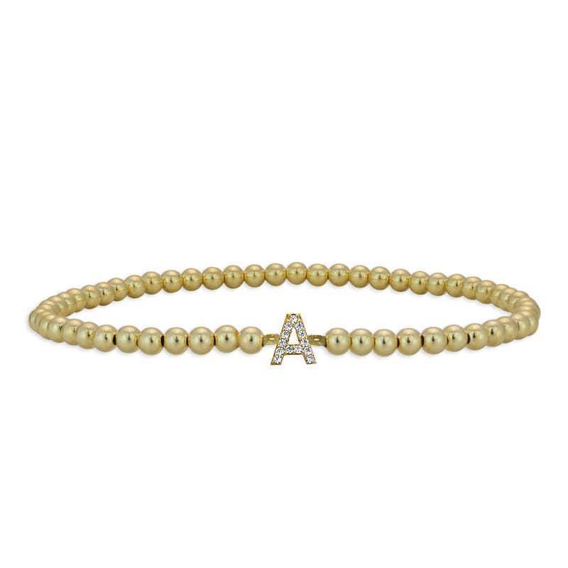 Customized Initial Letter Bracelet, Gold Filled Beaded & Cubic Zirconia Stones Stretch Bracelet for Gift