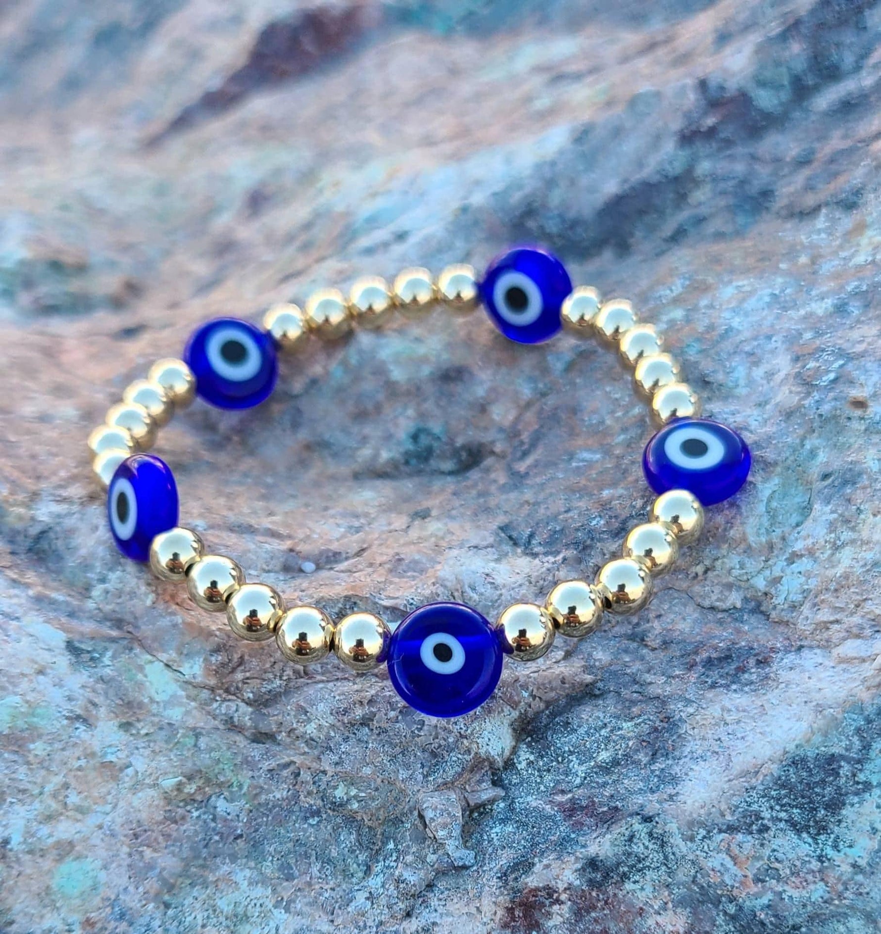 14kt Gold Filled Stretch Evil Eye Bracelet - Tarnish Free Good Luck Beaded Jewelry by Isabella Celini