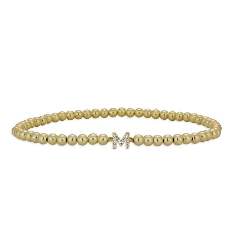 Customized Initial Letter Bracelet, Gold Filled Beaded & Cubic Zirconia Stones Stretch Bracelet for Gift