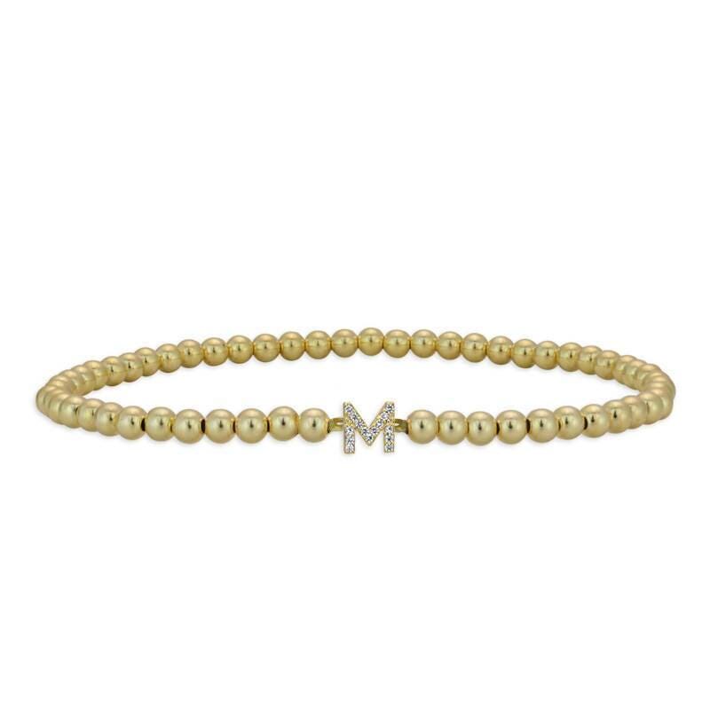 Customized Initial Letter Bracelet, Gold Filled Beaded & Cubic Zirconia Stones Stretch Bracelet for Gift