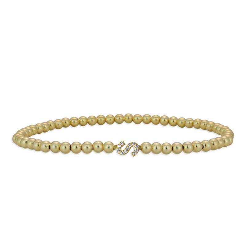 Customized Initial Letter Bracelet, Gold Filled Beaded & Cubic Zirconia Stones Stretch Bracelet for Gift