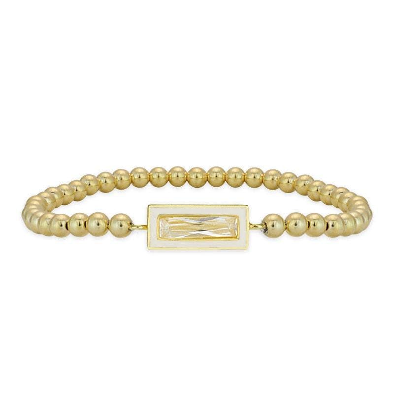 14kt Gold Filled CZ Pendant Bracelet - Beaded Stretch Stackable - Rectangular Design with Enamel