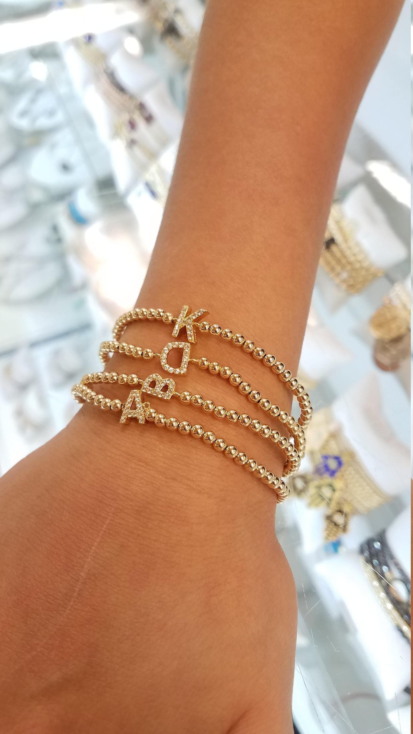 Customized Initial Letter Bracelet, Gold Filled Beaded & Cubic Zirconia Stones Stretch Bracelet for Gift
