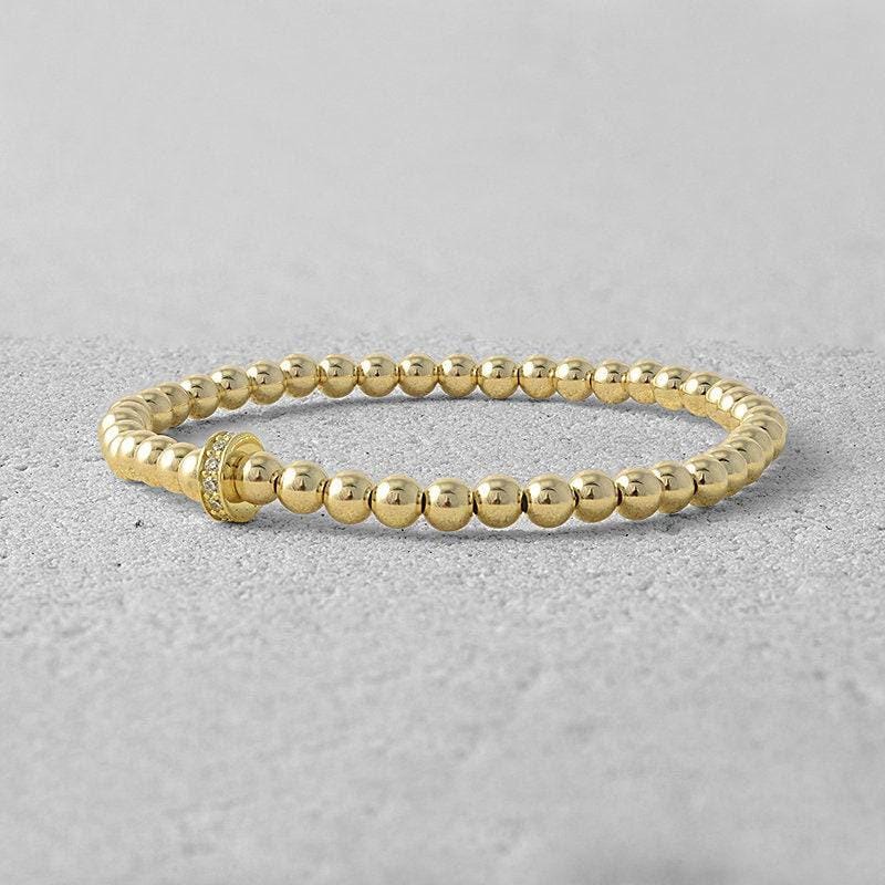 Gold Filled Beaded Bracelet with CZ Roundel, Stretch Stacking Bracelet