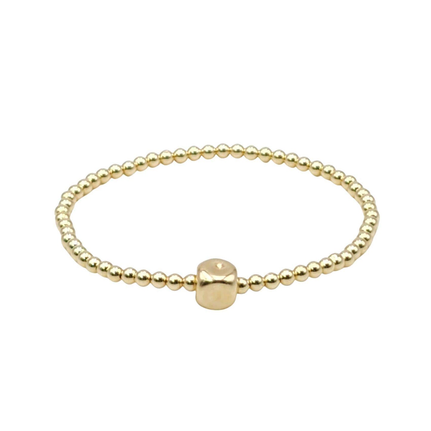 Gold Filled Beaded Bracelet - Stretch Cube Pendant for Women Tarnish-Free and Waterproof Jewelry