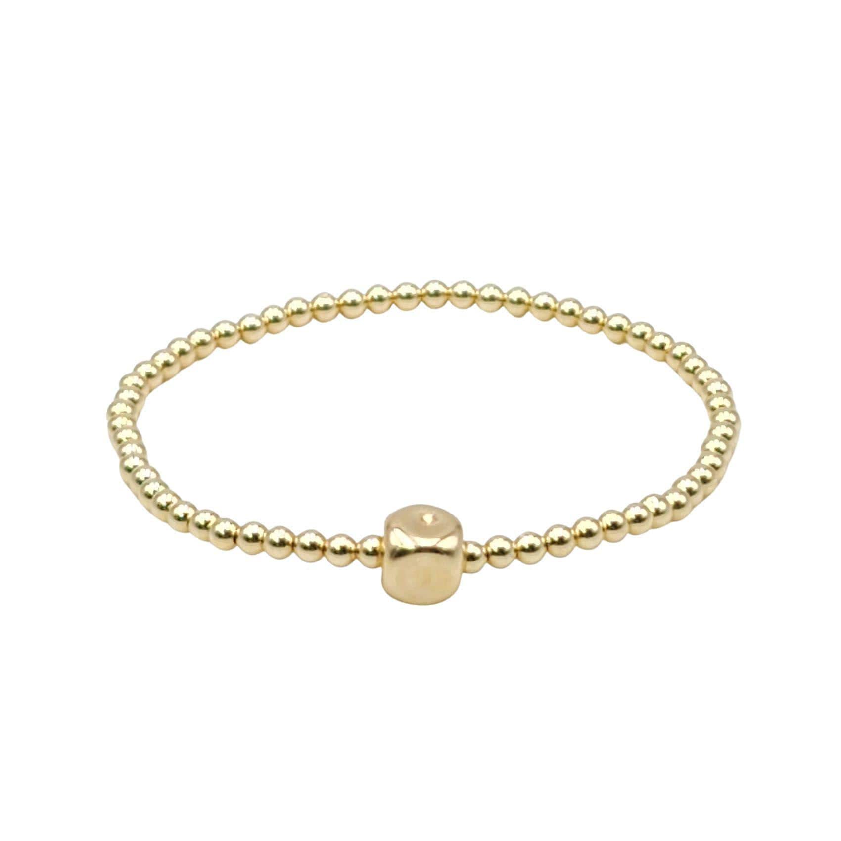 Gold Filled Beaded Bracelet - Stretch Cube Pendant for Women Tarnish-Free and Waterproof Jewelry
